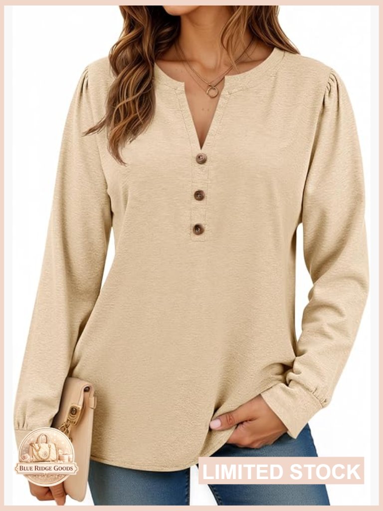 Puff Long Sleeve Henley Shirt Trendy Casual V Neck Button Up Tunic Tops Loose